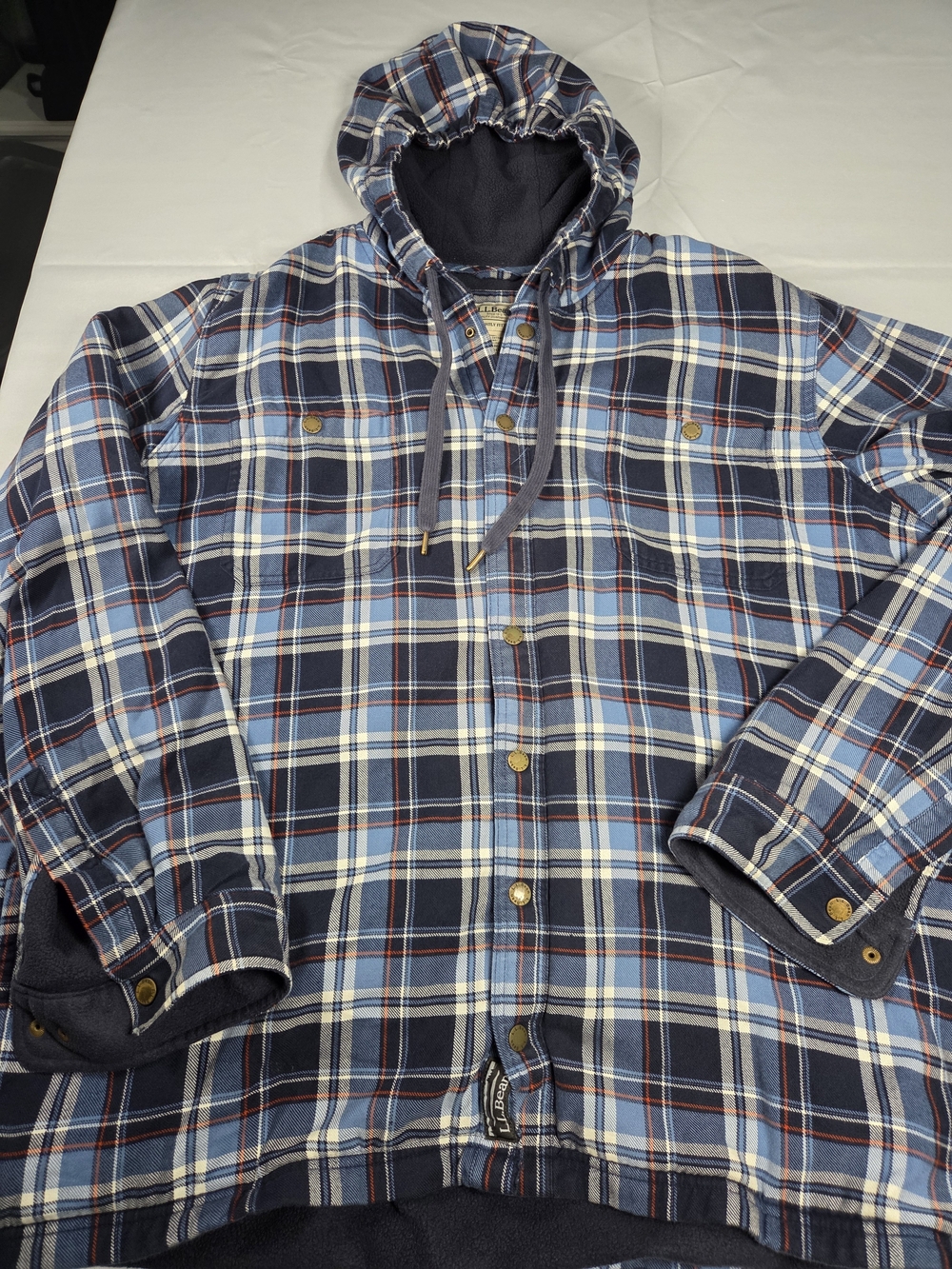 L.L. Bean Navy, Light Blue and Cream Plaid Hooded Shirt Jacket